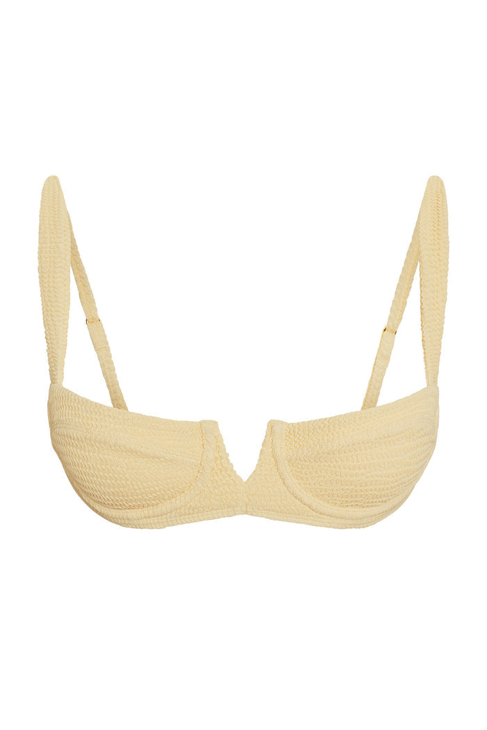 Front view of Clovelly Top in raffia crinkle showcasing underwire cups, center V notch and adjustable shoulder straps on white background