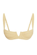 Front view of Clovelly Top in raffia crinkle showcasing underwire cups, center V notch and adjustable shoulder straps on white background