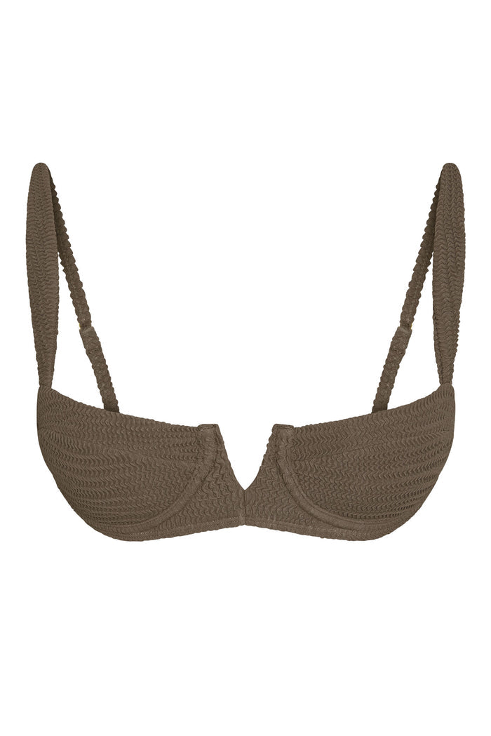 Front view of Clovelly Top in Stone Crinkle showing underwire V-front cups and textured crinkle fabric on white background