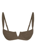 Front view of Clovelly Top in Stone Crinkle showing underwire V-front cups and textured crinkle fabric on white background