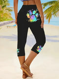 Colorful Paw Print Skinny Casual Elastic Waist 3/4 Capri Leggings