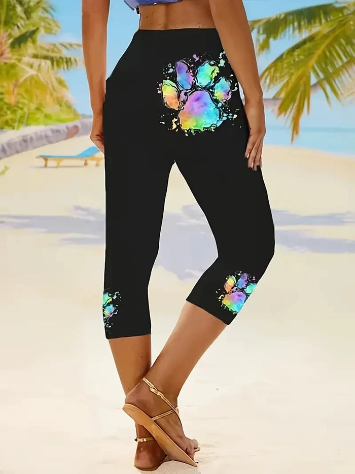 Colorful Paw Print Skinny Casual Elastic Waist 3/4 Capri Leggings