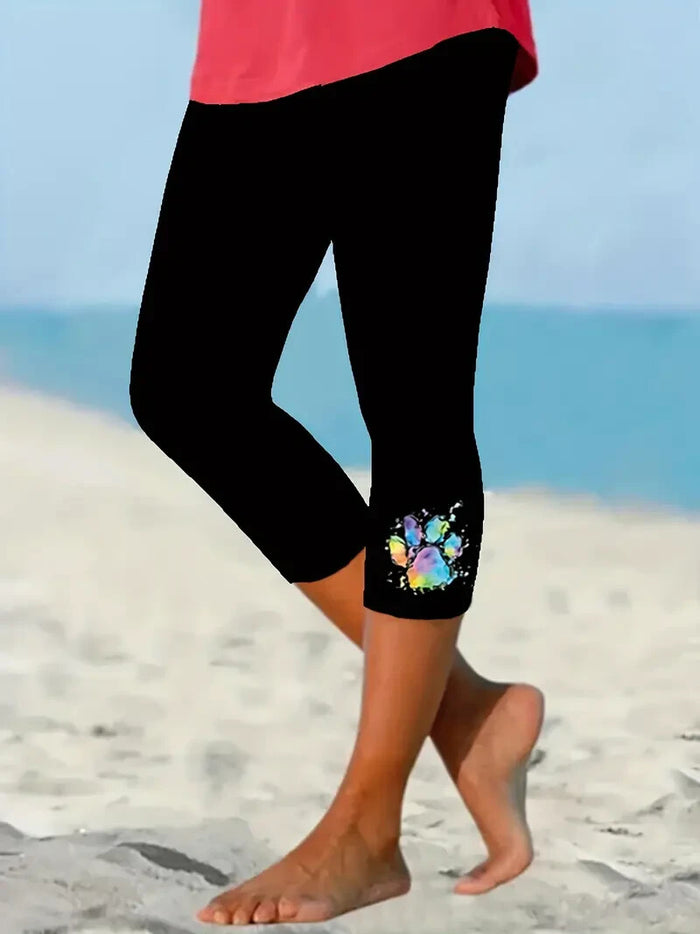 Colorful Paw Print Skinny Casual Elastic Waist 3/4 Capri Leggings