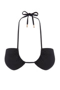 Black ruched halter bikini top with tie straps and gold metal tip accents.