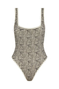 Front view of Corfu One Piece swimsuit in black gingham showcasing square neckline, shelf bra, high-cut leg, and contrast white binding on a white background