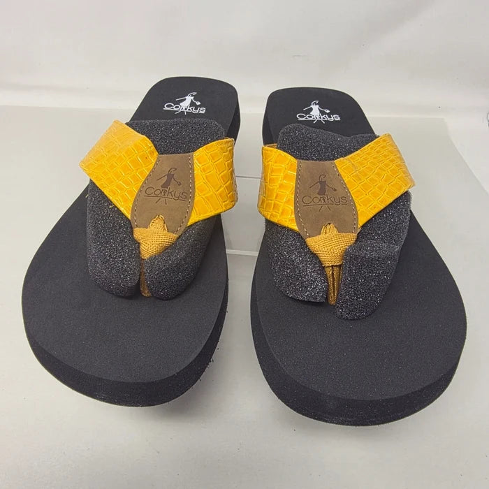 Corky's Beach Ball Women's Platform Flip Flop Sandals Mustard Yellow – Size 8 New