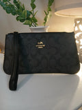 Coach Corner Zip Wristlet – Black Signature Leather Small Designer Wallet