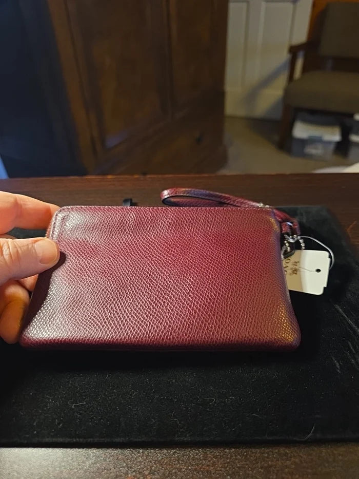 Coach Corner Zip Wristlet F54626 Burgundy – Signature Leather Small Handbag, Designer Wallet