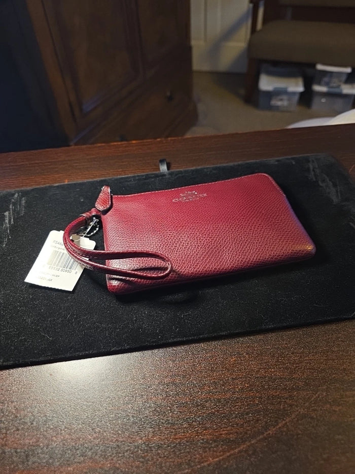 Coach Corner Zip Wristlet F54626 Burgundy – Signature Leather Small Handbag, Designer Wallet