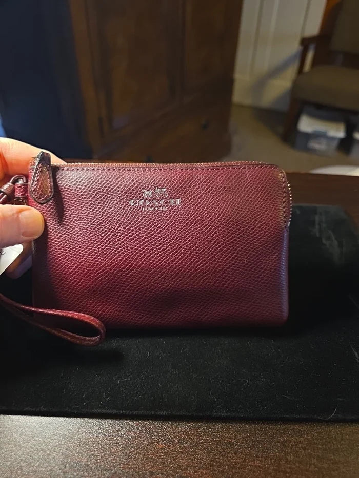 Coach Corner Zip Wristlet F54626 Burgundy – Signature Leather Small Handbag, Designer Wallet