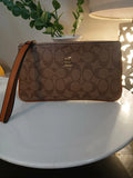 Coach Corner Zip Wristlet – Signature Leather Brown Women's Designer Wallet