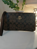 Coach Corner Zip Wristlet – Signature Leather Brown/Black Women's Designer Wallet
