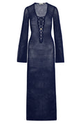 Front view of Corossol Dress in Midnight Lace Crochet showcasing lace up V neck, fitted waist and long sleeves on white background