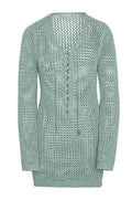 Front of Corossol mini dress in light slate petit crochet showing open knit, lace-up V-neck and long sleeves