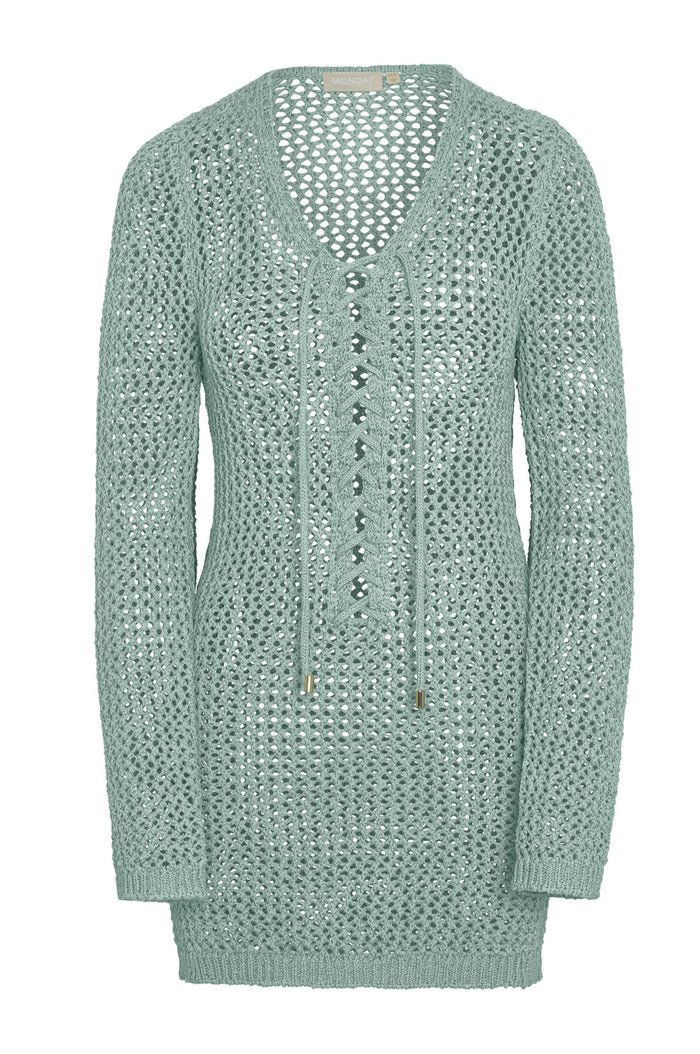 Front of Corossol mini dress in light slate petit crochet showing open knit, lace-up V-neck and long sleeves