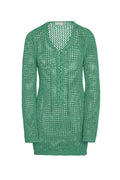 Front view of Corossol mini dress in pond crochet, open-knit with lace-up V-neck and gold-tipped ties, long sleeves