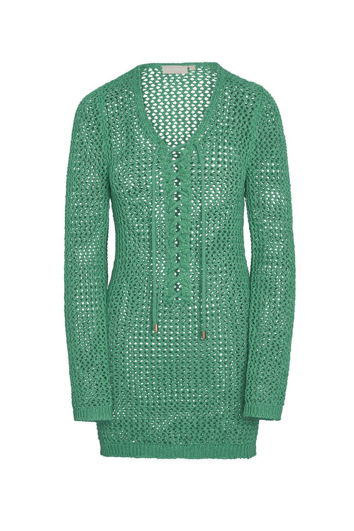 Front view of Corossol mini dress in pond crochet, open-knit with lace-up V-neck and gold-tipped ties, long sleeves