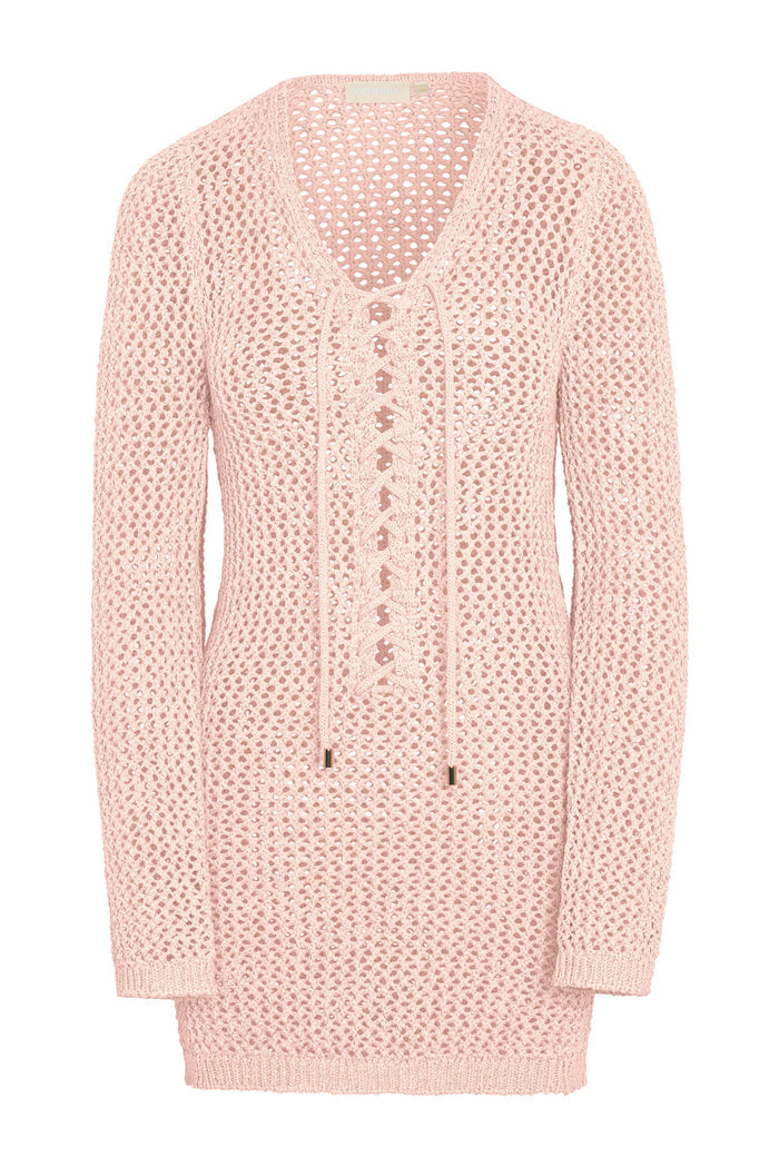 Front view of Corossol mini dress in powder pink petit crochet with open-knit fabric and lace-up V-neck tassels on white background