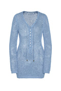Front view of Corossol Mini Dress in Sky Petit Crochet, open knit with lace-up neckline and gold-tipped ties on white