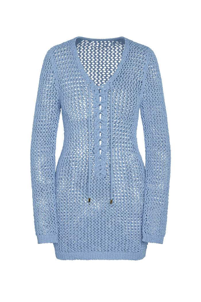 Front view of Corossol Mini Dress in Sky Petit Crochet, open knit with lace-up neckline and gold-tipped ties on white