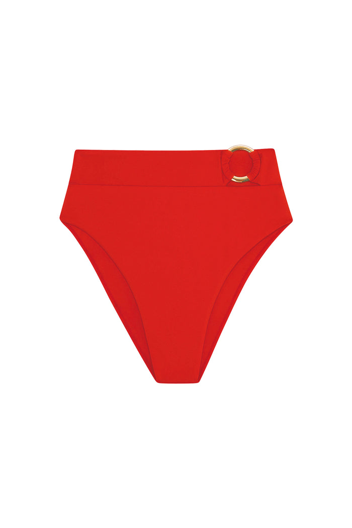 Front view of Costa Rica Bottom in Chili Pepper showcasing high-waisted fit and gold ring detail on white background