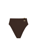 Front of Costa Rica Bottom in espresso showing high-waist full coverage and front gold ring detail on white background