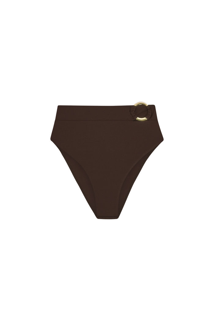 Front of Costa Rica Bottom in espresso showing high-waist full coverage and front gold ring detail on white background