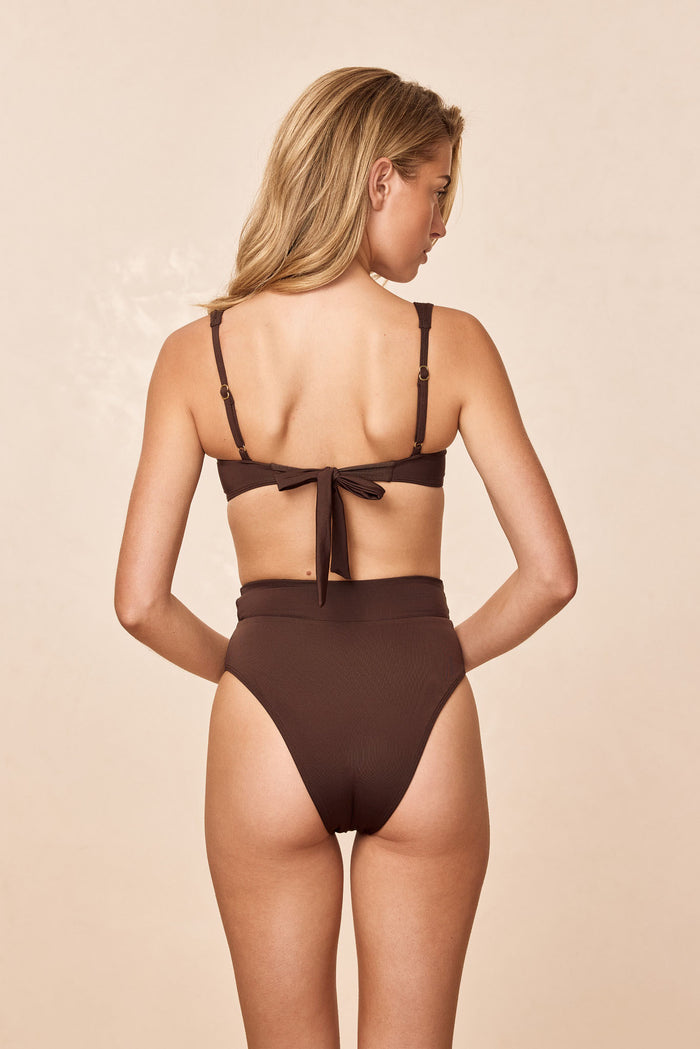 Back view of Costa Rica Bottom in Espresso showcasing high waisted full coverage and ribbed fabric on model with neutral studio background