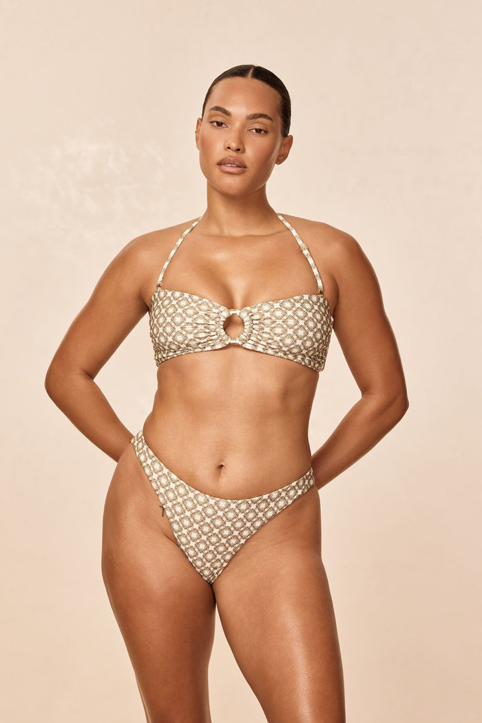 Front view of Costa Rica Top - Tile Geo bandeau showcasing center ring and thin halter strap on a neutral background