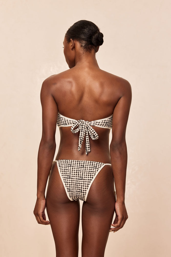 Rear view of Costa Rica Top Colorblock bandeau in black gingham showcasing adjustable tie back closure on neutral background