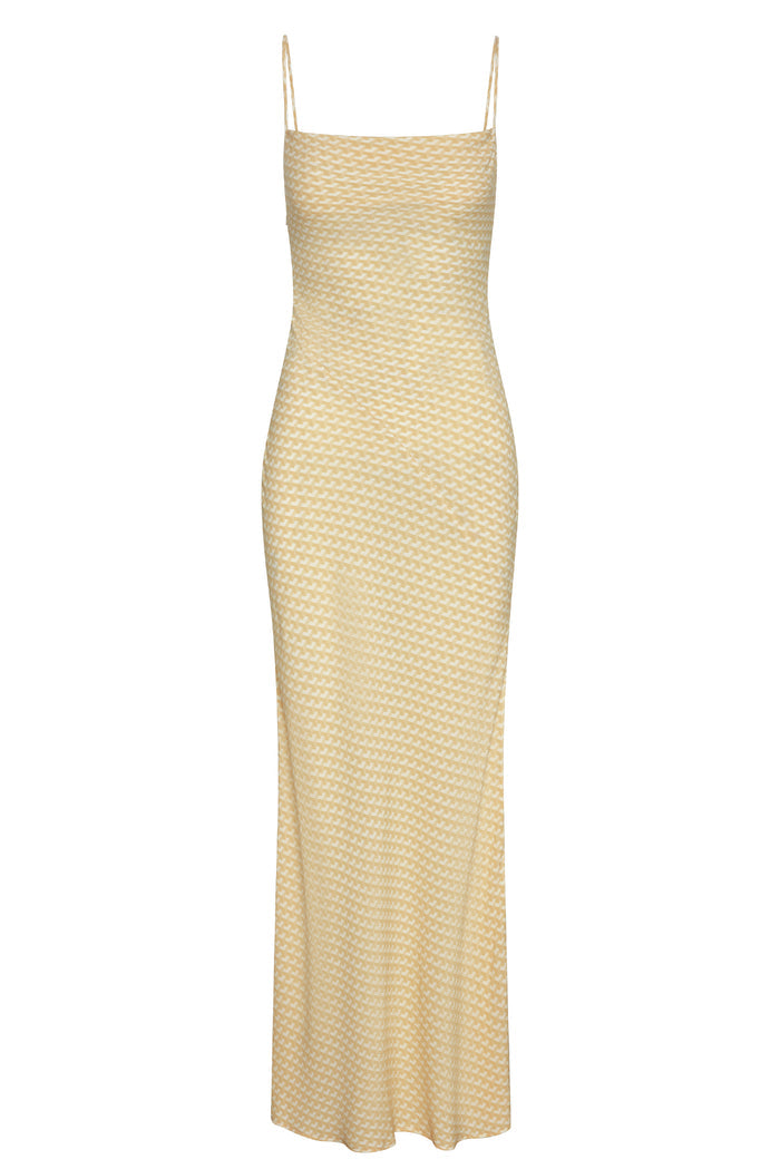 Front view of Cote D’azur Dress in Ivory Geo with straight neckline, thin straps and fitted silhouette on white