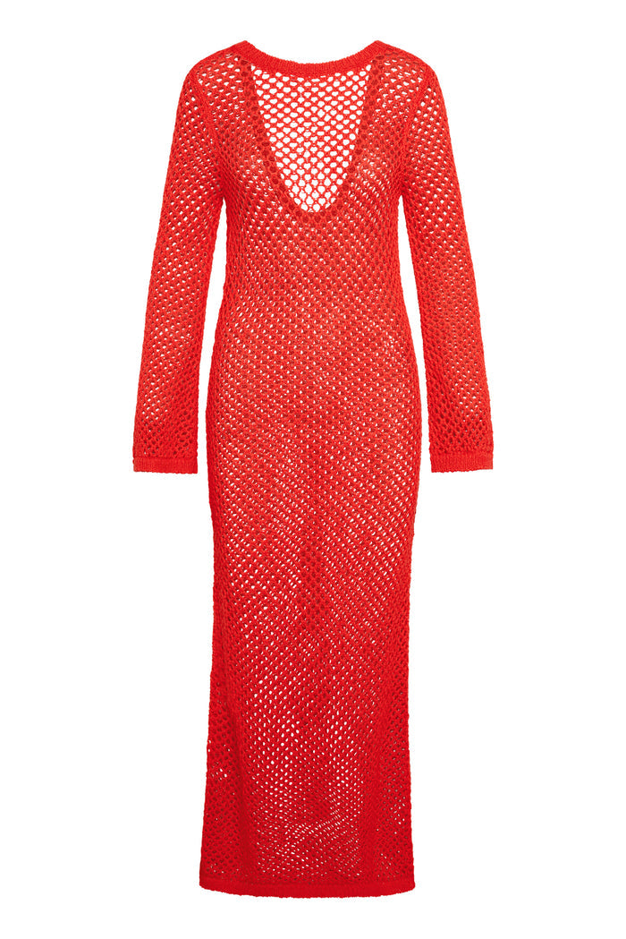 Back view of Cozumel Dress in Chili Pepper Petit Crochet showcasing low scooped open back, long sleeves, and sheer open-knit crochet on white background