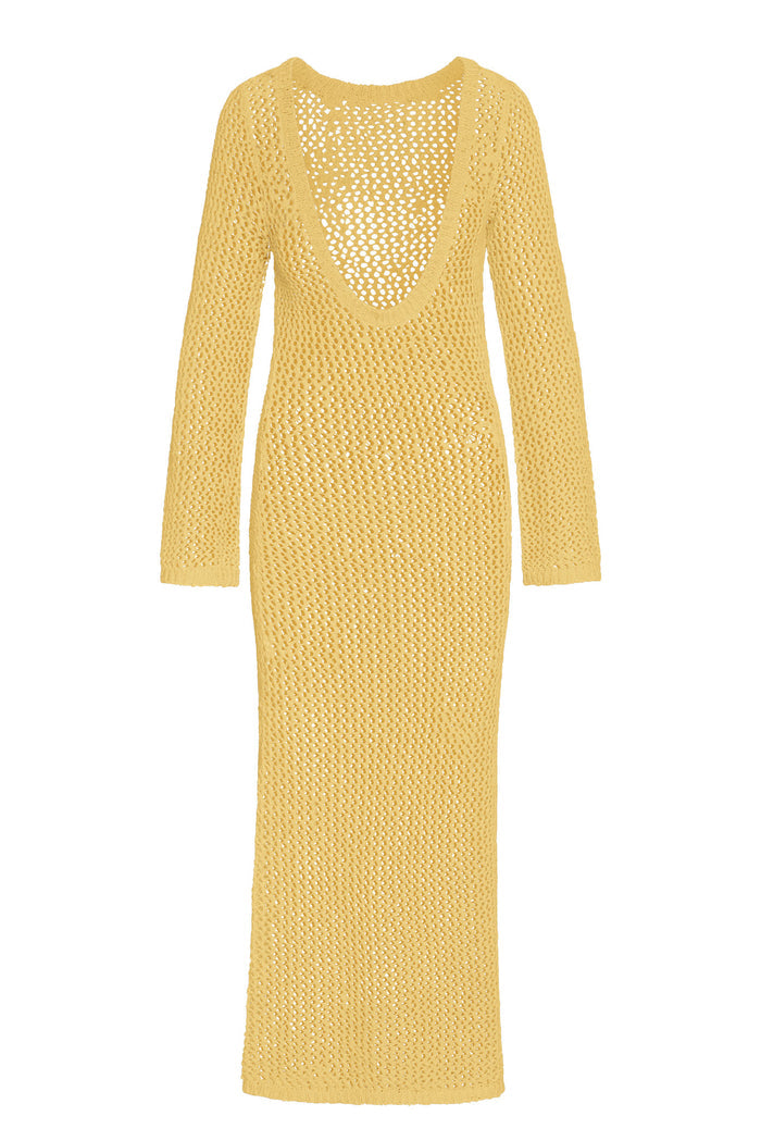 Front view of Cozumel dress in honey crochet with open-knit fabric, deep scoop neck, long sleeves, ankle-length on white