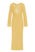 Front view of Cozumel dress in honey crochet with open-knit fabric, deep scoop neck, long sleeves, ankle-length on white