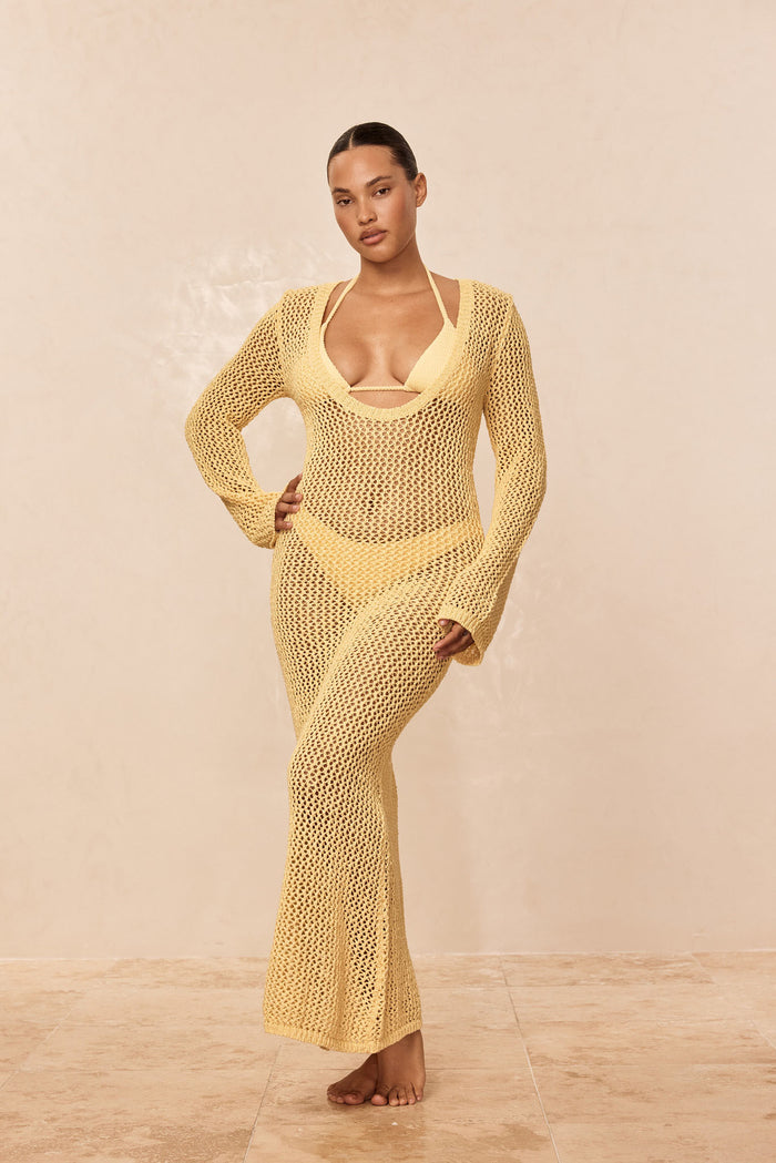 Front view of Cozumel Dress in honey petit crochet, long-sleeve open-knit with deep scoop neckline, fitted on model