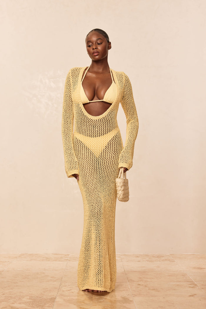 Front view of Cozumel dress in Honey Petit Crochet showcasing deep scoop cutout and open-knit finish on neutral background