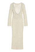 Front view of Cozumel Dress in ivory petit crochet, open-knit fabric with long sleeves and deep scoop neckline