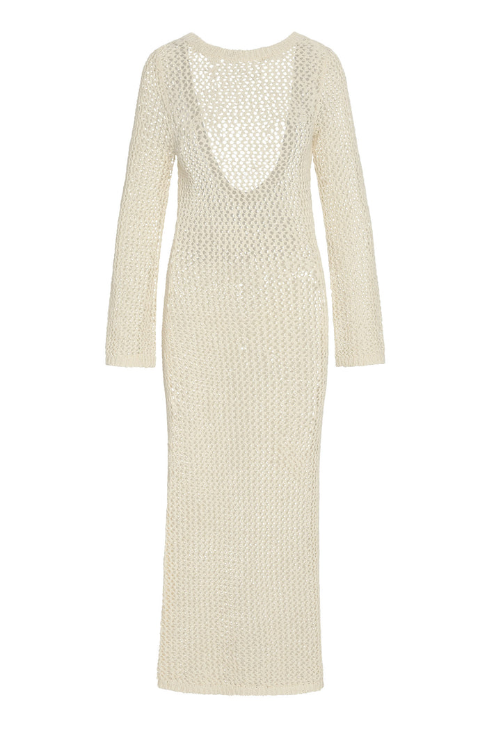 Front view of Cozumel Dress in ivory petit crochet, open-knit fabric with long sleeves and deep scoop neckline