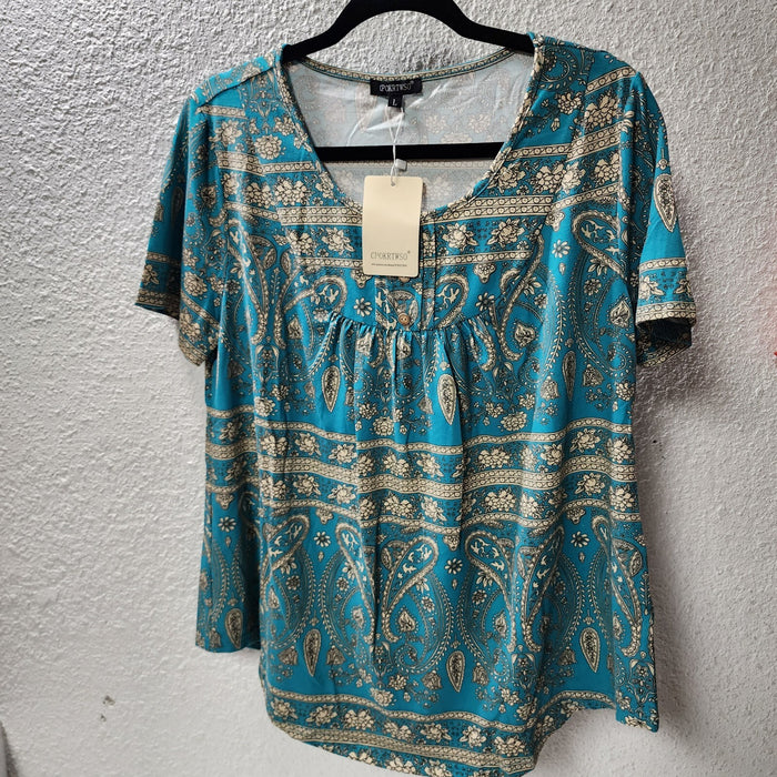 Cpokrtwso Women Plus Short Sleeve Tunic Top Floral Henley Shirt Blouse, Multi