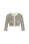 Front view of Crete Swim Cardi in black gingham with cropped button-front, cream trim and long sleeves on white backdrop