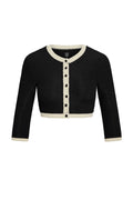 Front view of Crete Swim Cardi in Black/Ivory Crinkle showcasing cropped knit silhouette, ivory contrast trim and front buttons on white background