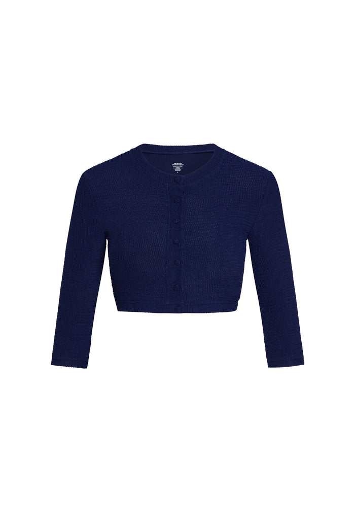 Front view of Crete Swim Cardi in Midnight Crinkle showcasing cropped length, 3/4 sleeves and button-front on white background