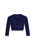 Front view of Crete Swim Cardi in Midnight Crinkle showcasing cropped length, 3/4 sleeves and button-front on white background