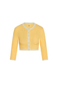 Front view of Crete Swim Cardigan in honey crinkle showing cropped fit, 3/4 sleeves, button front and cream trim on white