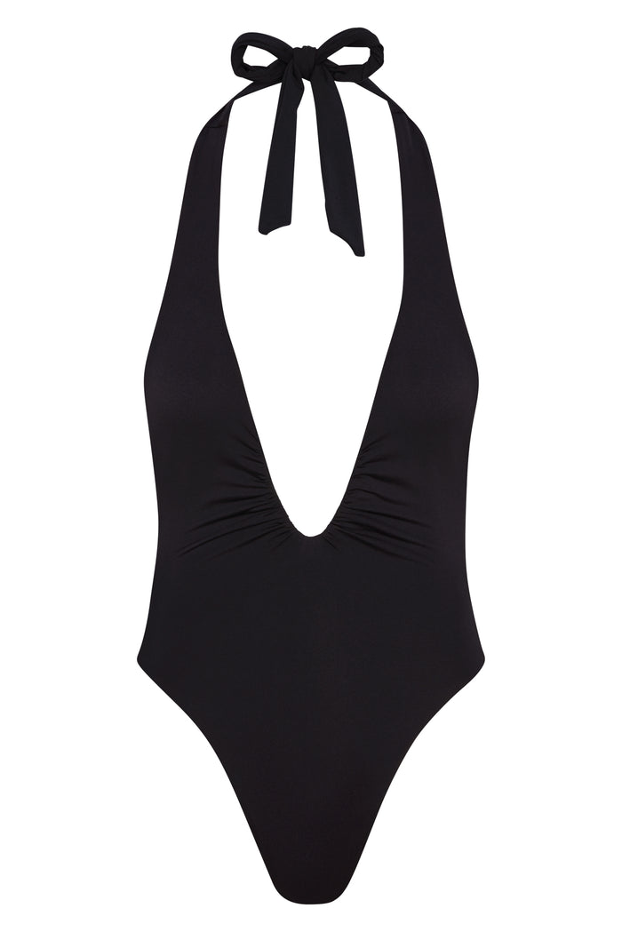 Front close-up of Croatia One Piece swimsuit showcasing halter tie, deep plunging V with U‑wire sheered detail and ruched front on white background