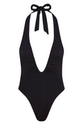 Front close-up of Croatia One Piece swimsuit showcasing halter tie, deep plunging V with U‑wire sheered detail and ruched front on white background