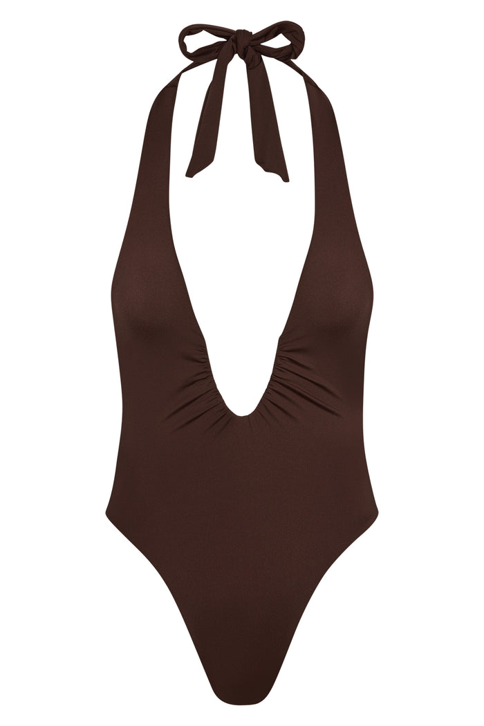 Front view of Croatia one-piece in espresso with deep halter plunge, neck tie and ruched front on white background