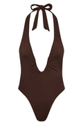 Front view of Croatia one-piece in espresso with deep halter plunge, neck tie and ruched front on white background