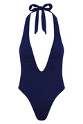 Front view of Croatia One Piece showcasing deep plunging halter neckline with self-tie and ruched center front on white background