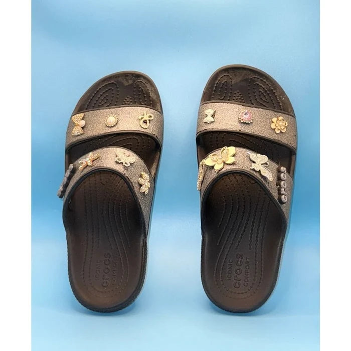 Crocs Classic Glitter Embellished Women's Slide Sandals Black Sparkle – Size 7 NWOT